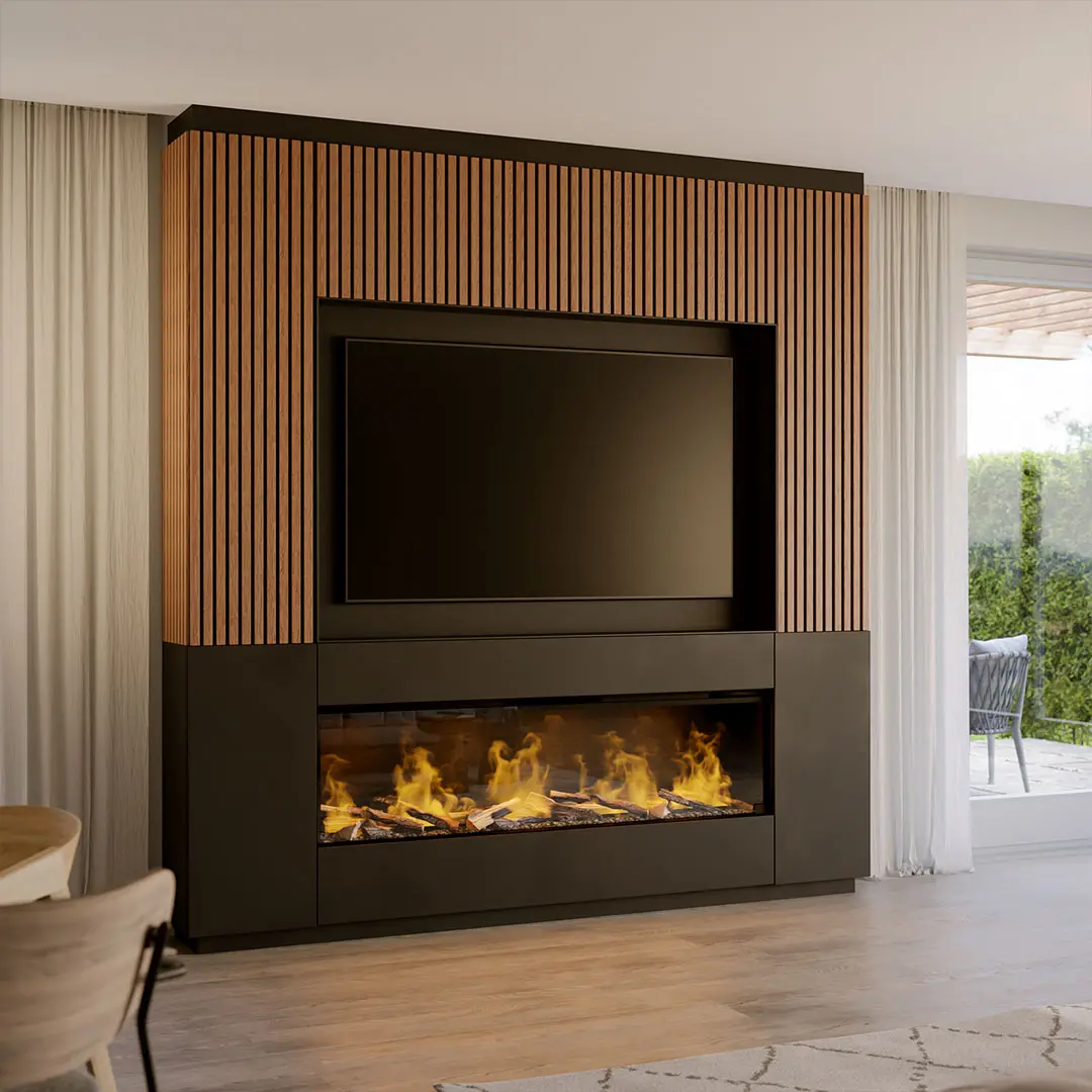 Glutart-Freifeuer-Elektrokamin-2 Elektrische Öfen für Hotels: Blick durch ein elektrisches Kaminfeuer in die Lounge Area eines Luxushotels