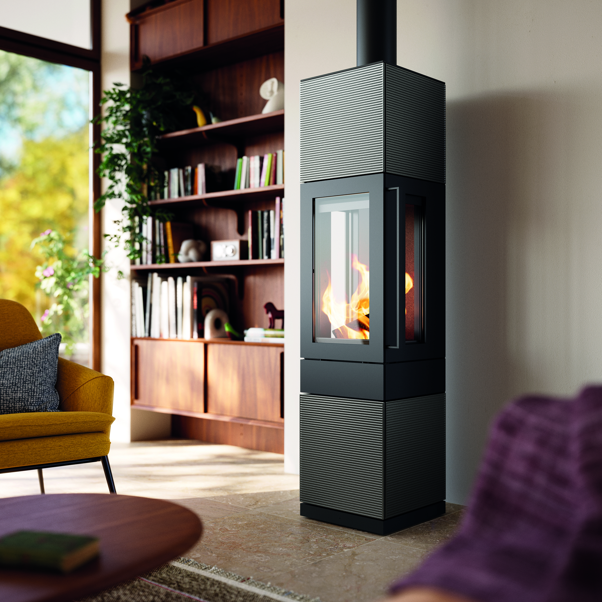 Elektrische Öfen für Hotels: Blick durch ein elektrisches Kaminfeuer in die Lounge Area eines Luxushotels