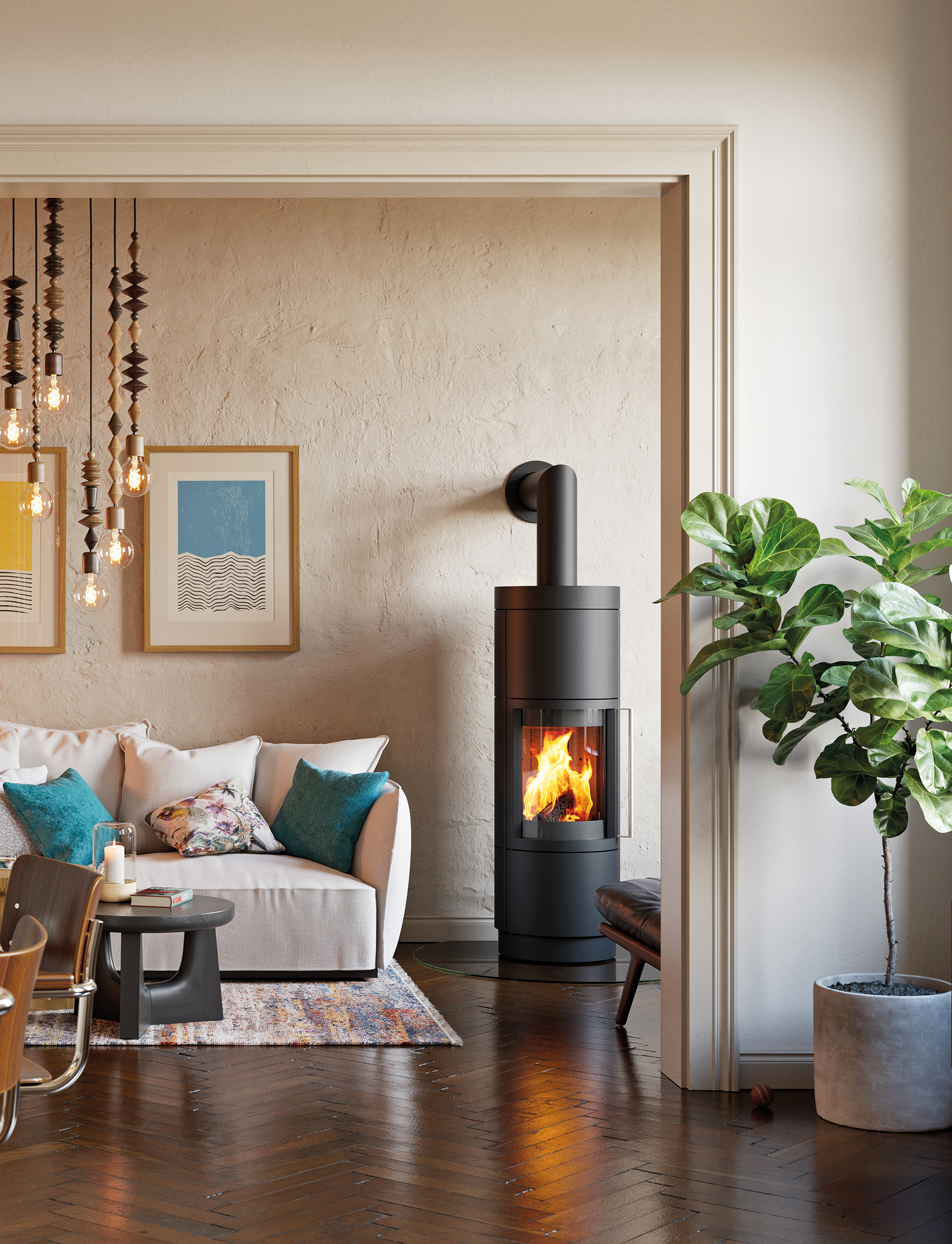 Elektrische Öfen für Hotels: Blick durch ein elektrisches Kaminfeuer in die Lounge Area eines Luxushotels